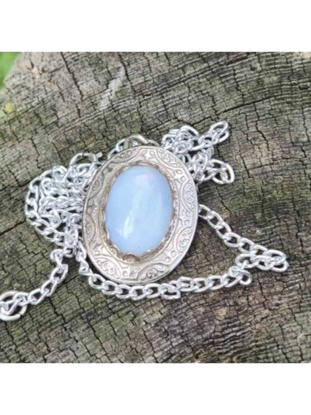 Vintage Necklace Oval Blue Chalcedony Pendant Ornate Etched Design Silver tone - Picture 2 of 11